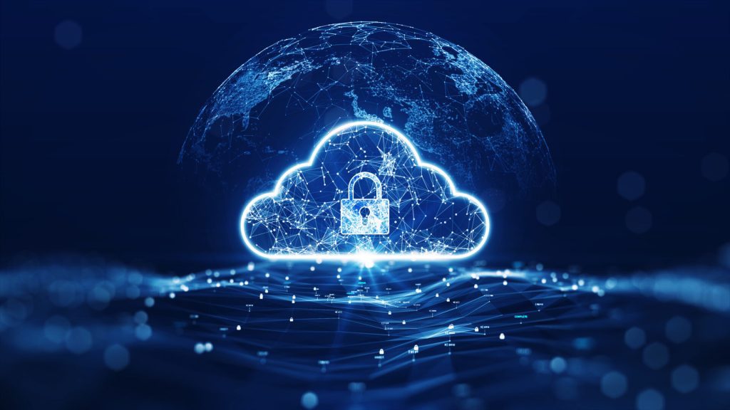 A glowing cloud with a padlock symbolizing secure cloud storage.