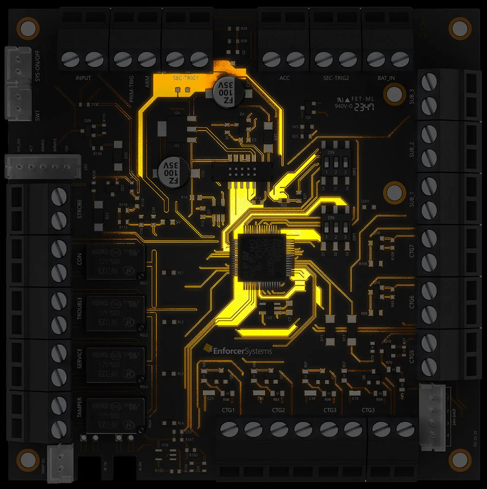 Phantom Fog motherboard control board with illuminated traces and labeled terminals