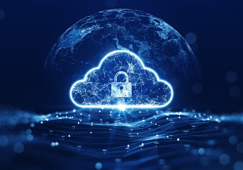 A glowing cloud with a padlock symbolizing secure cloud storage.